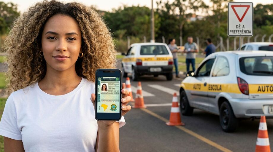 Jovem mostra no celular a CNH digital obtida com o novo aplicativo do governo, ao lado de carros de autoescola. O processo agora pode ser feito sem aula presencial.