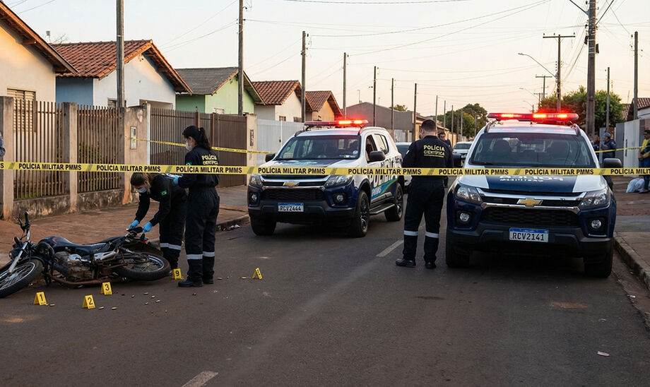 Local no bairro Aquarius II em Campo Grande onde homem foi morto a tiros na tarde de terçafeira; perícia recolheu estojos no chão.