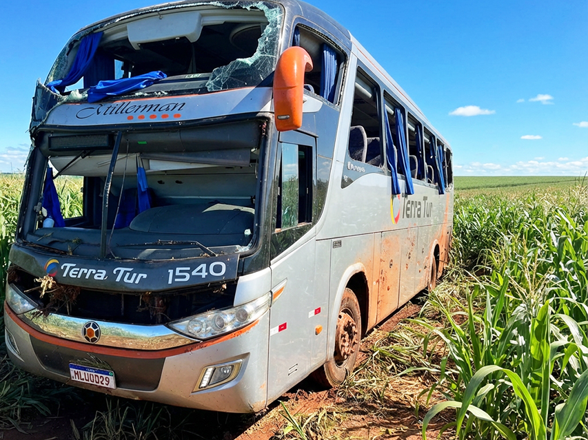 Ônibus que seguia de Cuiabá para Cascavel tombou às margens da BR-163, em Sonora; duas pessoas morreram e mais de 30 ficaram feridas.