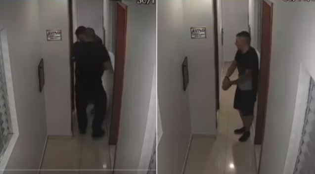 As imagens registram a entrada dos policiais no quarto do hotel e, em seguida, a saída do acusado algemado.