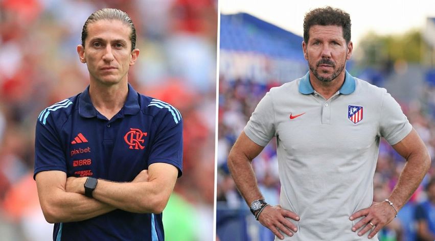 Filipe Luís visita Diego Simeone e reencontra ex-companheiros durante passagem pelo CT do Atlético de Madrid, na Espanha.