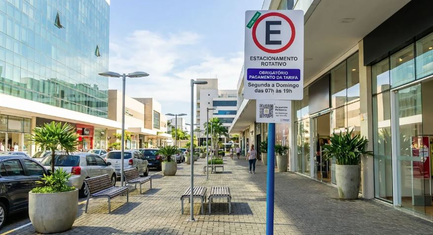 Placas de Zona Azul em vias próximas à orla de Bertioga ou veículos estacionados em ruas do Centro.