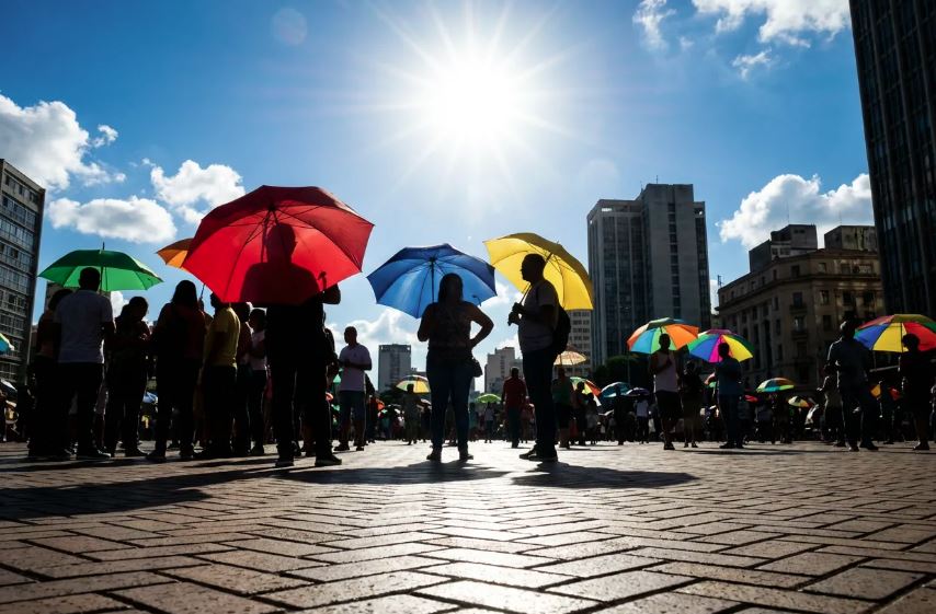 População busca sombra e proteção contra o sol durante onda de calor que atinge várias regiões do país.