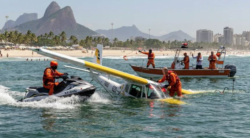 Equipes do Corpo de Bombeiros realizam buscas após a queda de um ultraleve no mar de Copacabana