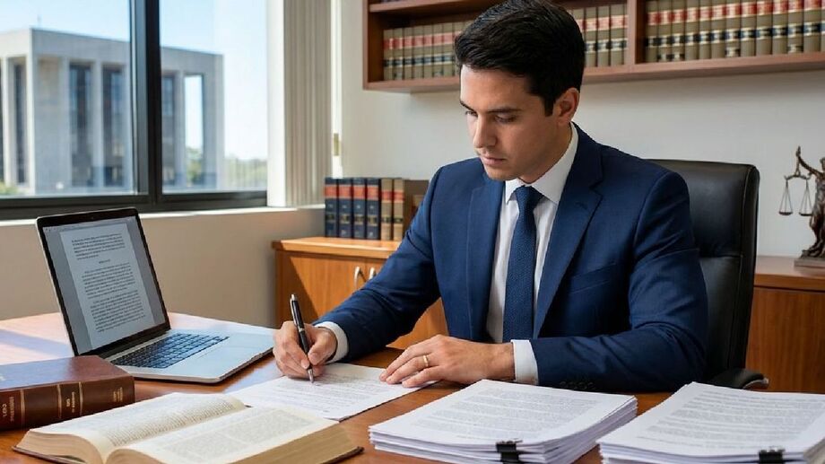 Em ambiente de trabalho, magistrado revisa documentos e prepara texto para publicação acadêmica ligada ao Judiciário.