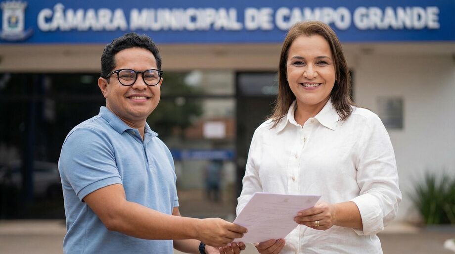 Vereador Papy entrega ofício à prefeita Adriane Lopes em frente à Câmara Municipal de Campo Grande, cobrando explicações sobre o reajuste do IPTU 2026 e a redução do desconto para pagamento à vista.