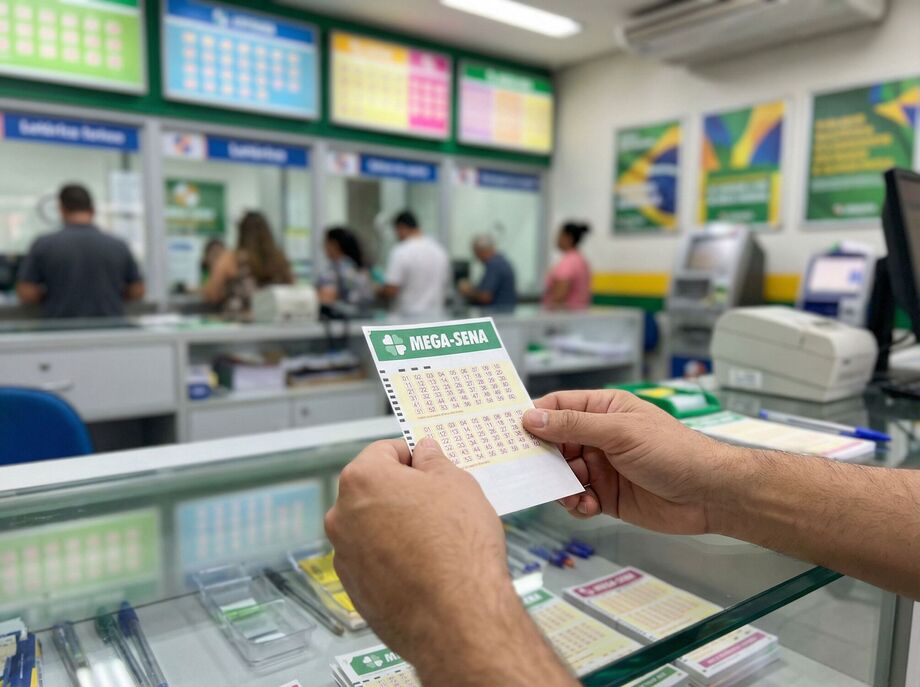 Aposta na Mega-Sena sendo conferida em lotérica de Campo Grande após sorteio sem ganhador do prêmio principal.