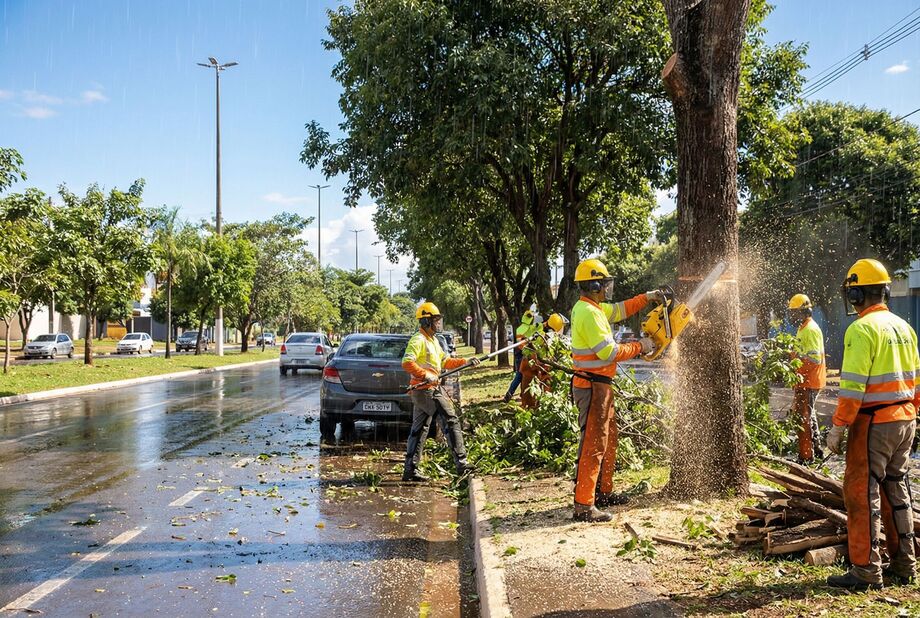 Trabalhadores realizam poda de árvore em área urbana, ação que passa a ter respaldo legal quando há risco comprovado e omissão do órgão ambiental.