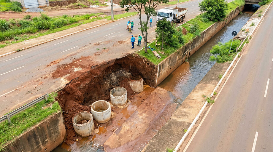 Equipes da Sisep trabalham na recuperação do canal do córrego Segredo; trecho da via permanece interditado em Campo Grande.