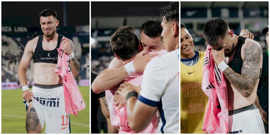 Alan Cantero se emociona ao receber a camisa de Lionel Messi após amistoso entre Alianza Lima e Inter Miami.