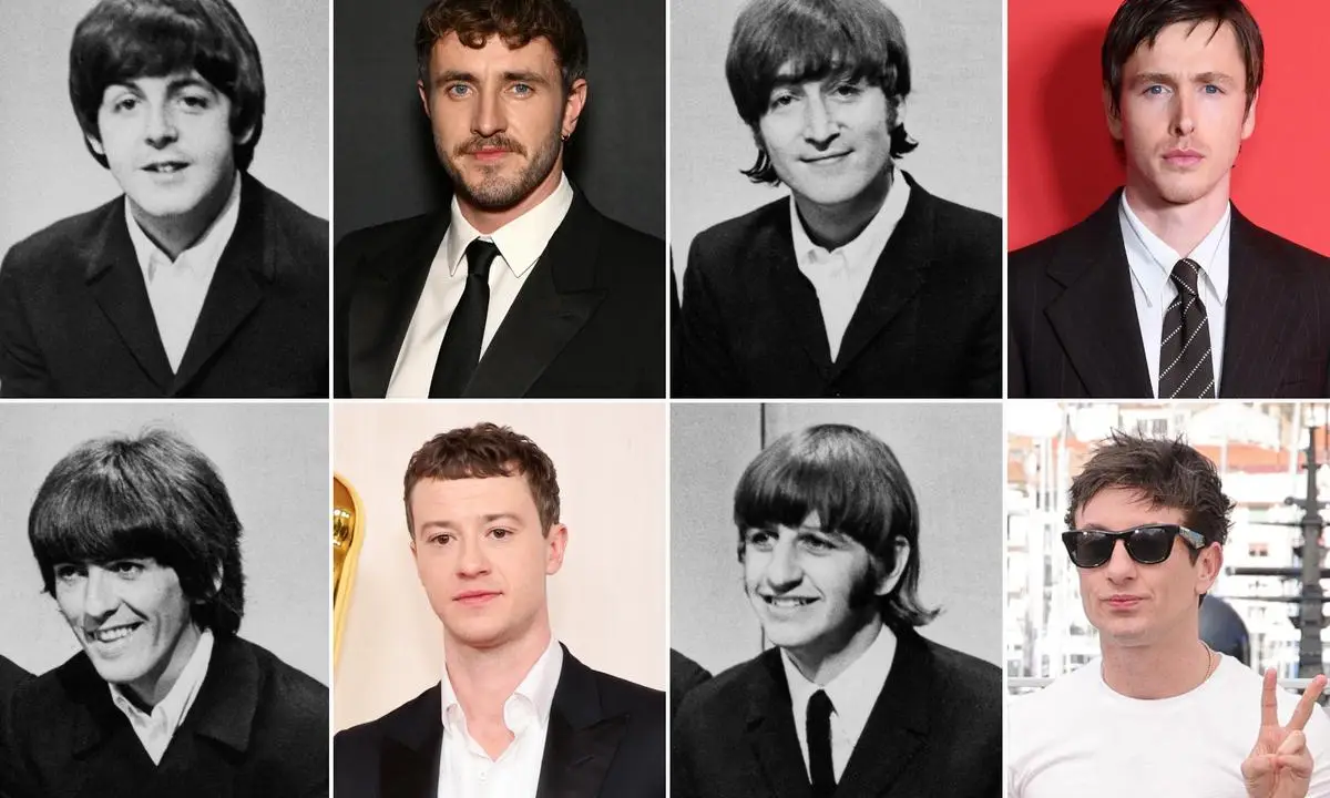 Antes e depois: atores são comparados aos integrantes dos Beatles no novo filme dirigido por Sam Mendes.