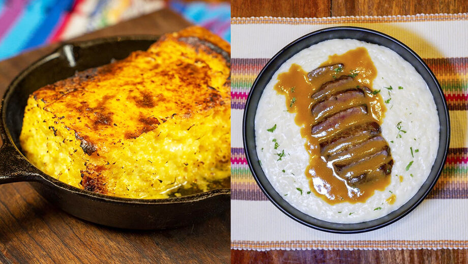 Chipa guazú da Dona Odete e Arroz quesú com ragu de filé soleado. Pratos do Bacuri Cozinha Regional valorizam ingredientes do Cerrado e do Pantanal, em Bonito