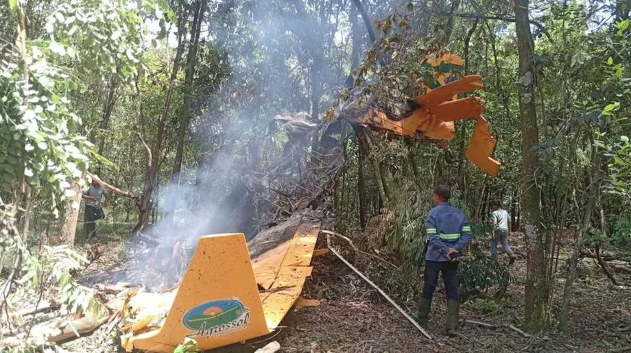 Equipes da Defesa Civil isolam a área de canavial em Tambaú, onde um avião agrícola caiu e pegou fogo; piloto conseguiu sair antes do incêndio.