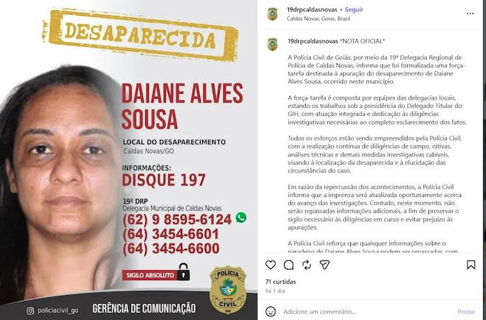 Polícia divulga cartaz com foto de Daiane Alves Souza, desaparecida há um mês em Caldas Novas.