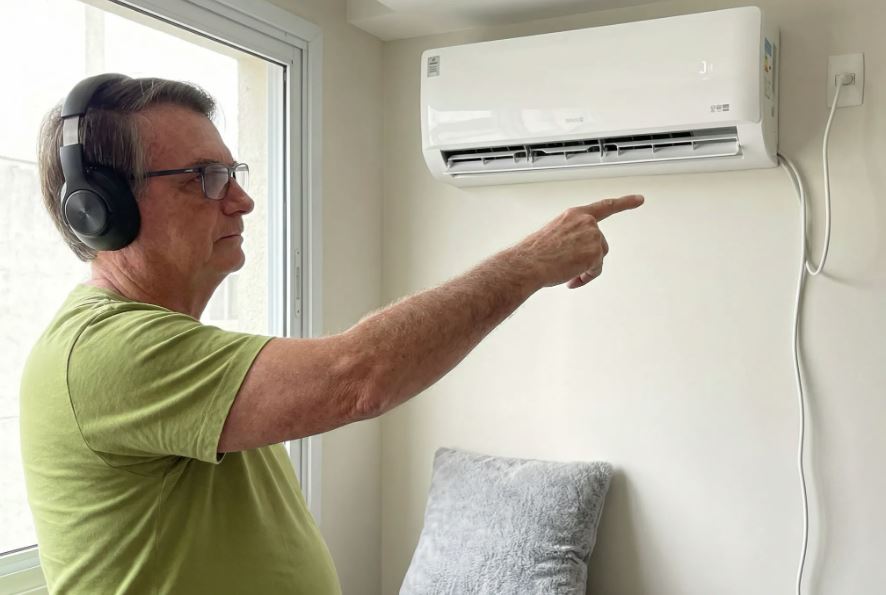 Custodiado aponta para aparelho de ar-condicionado instalado na Sala de Estado Maior da Polícia Federal, em Brasília, alvo de questionamento da defesa por causa do ruído contínuo.