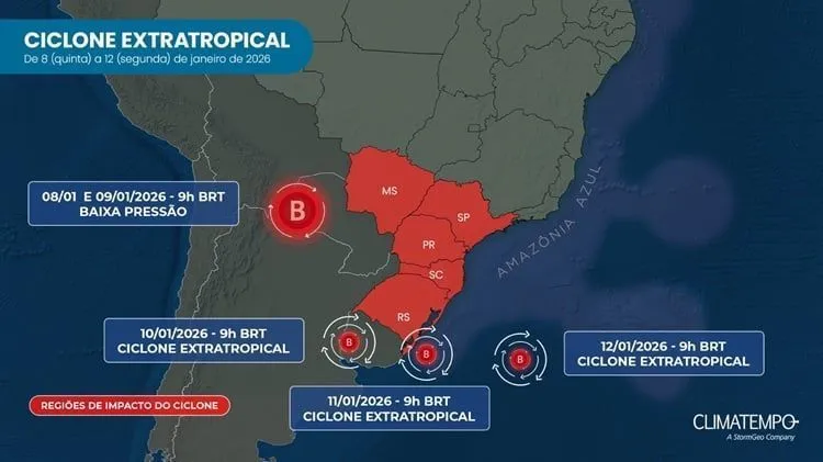 Mapa mostra as regiões que serão afetadas pelo ciclone