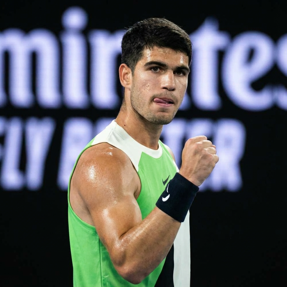 Carlos Alcaraz comemora ponto na Rod Laver Arena; número 1 do mundo estreia com vitória e mira título inédito na Austrália.