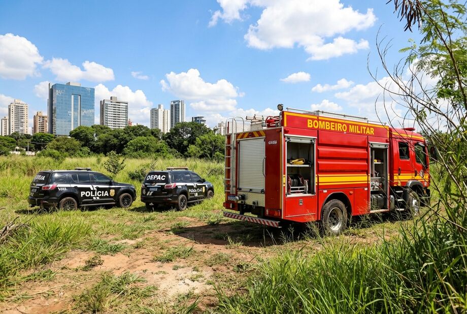Polícia Militar, Polícia Civil e Corpo de Bombeiros isolam área de mata do Parque das Nações Indígenas onde corpo de homem foi encontrado em Campo Grande