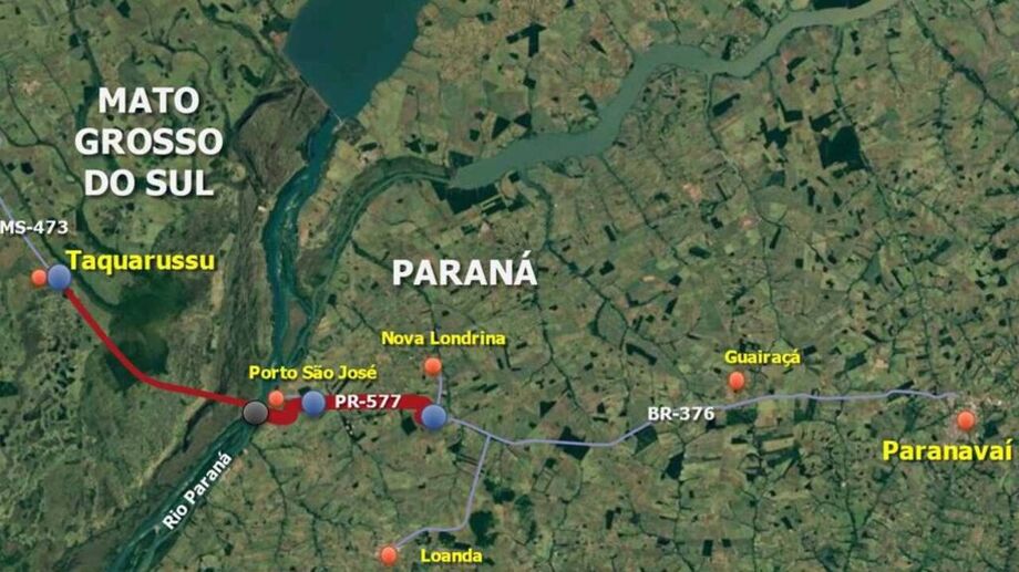Projeto prevê construção de ponte de aproximadamente 2 quilômetros sobre o Rio Paraná, ligando Taquarussu a Porto São José.