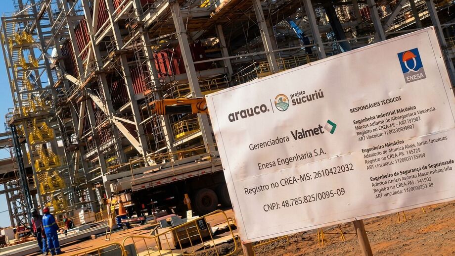 Obra do Projeto Sucuriú, da Arauco, em andamento em Mato Grosso do Sul, com o apoio de empresas como Valmet e Enesa Engenharia