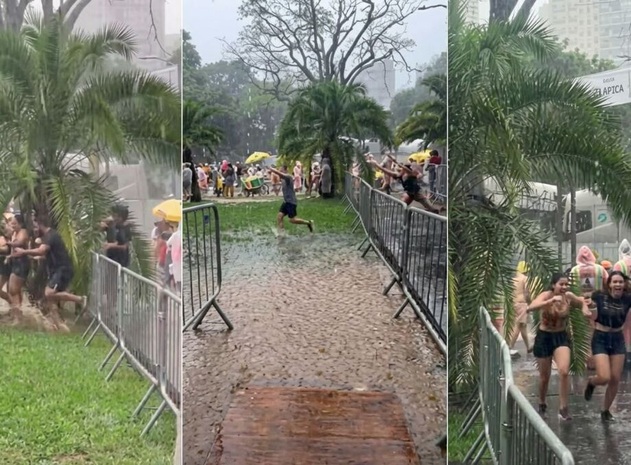 Chuva forte causou alagamentos e atrasou megablocos no entorno do Parque do Ibirapuera.