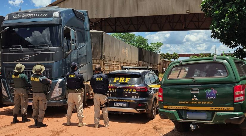 Carga de madeira sem licença ambiental foi apreendida pela PRF e pelo Ibama na BR-163, em Rio Brilhante.