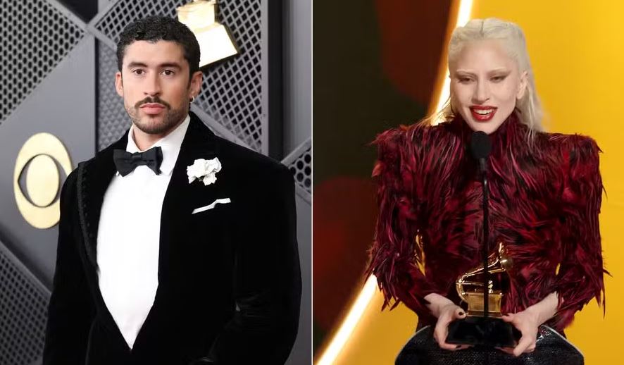 Bad Bunny se assusta ao ser cumprimentado por Lady Gaga durante a cerimônia do Grammy 2026.