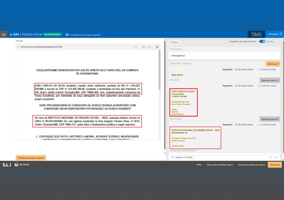 TJMS adota Inteligência Artificial no e-SAJ para agilizar peticionamento eletrônico de ações iniciais.
