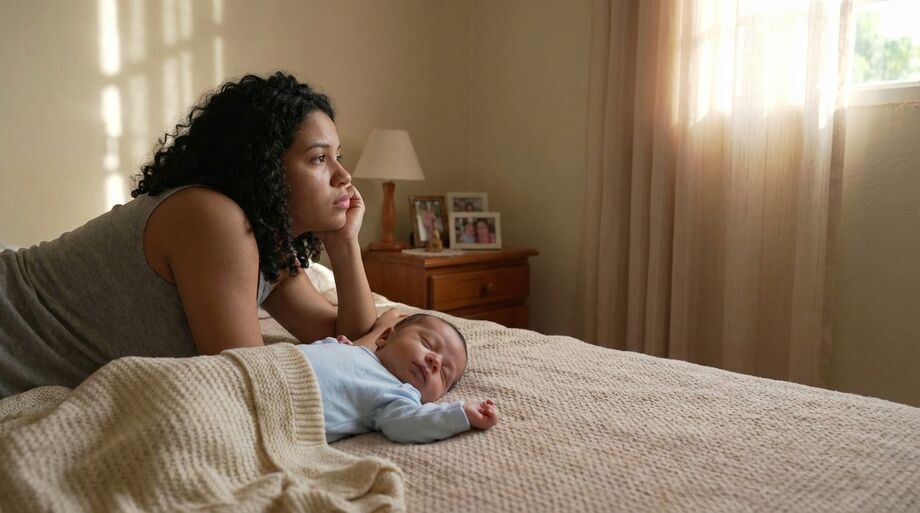 Mãe jovem ao lado do filho, refletindo sobre os desafios da maternidade precoce.