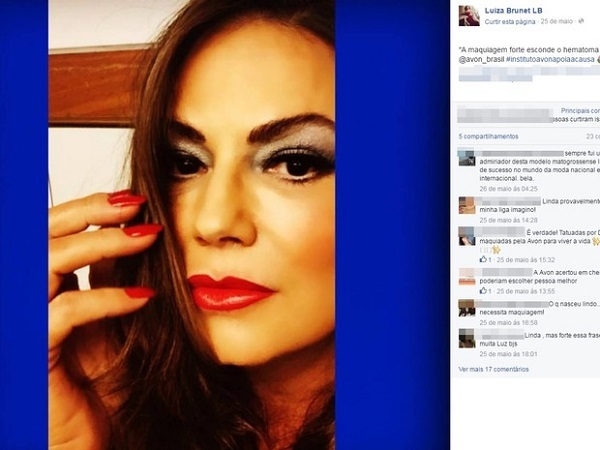 Luiza Brunet apoia causa do Instituto Avon contra a violência doméstica em sua página no Facebook, dias depois de suposta agressão
