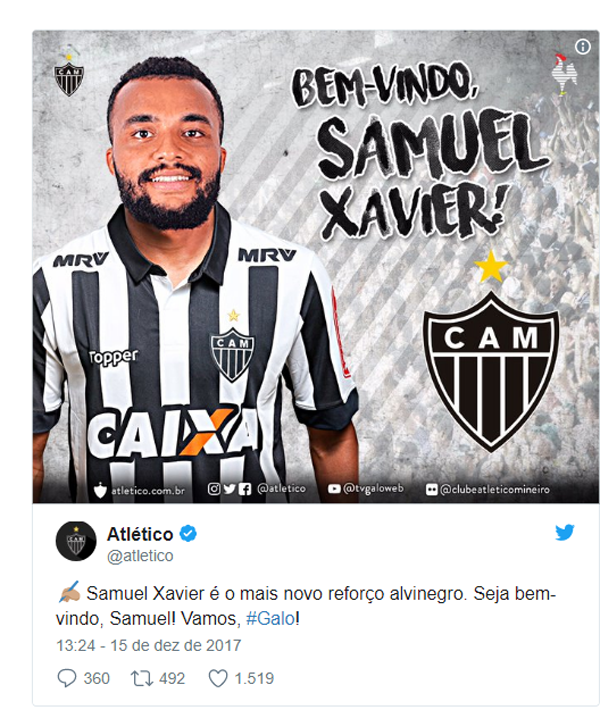 Samuel Xavier, de 27 anos, está no Sport desde 2015, tendo sido comandado em 2016 por Oswaldo de Oliveira, hoje o técnico do time mineiro.