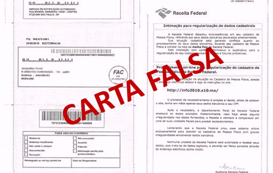 Apesar de conter a marca da Receita Federal, a carta é uma tentativa de golpe e não é enviada pelo órgão nem tem sua aprovação