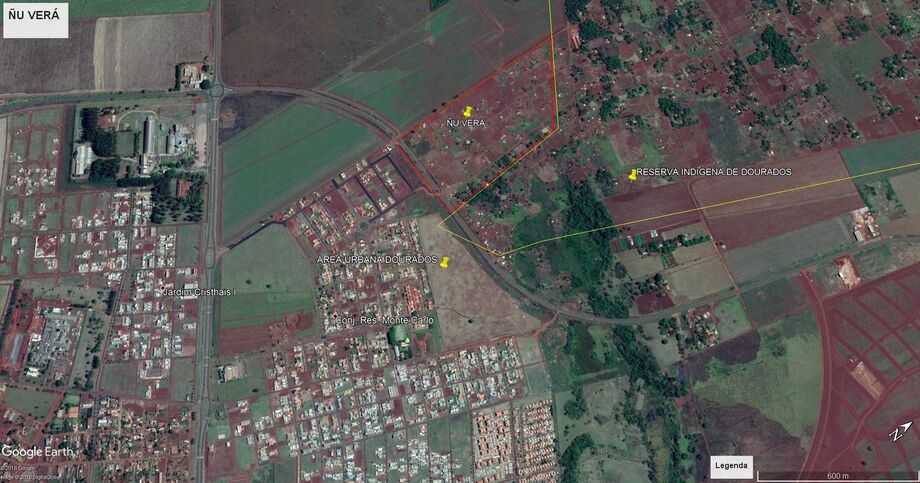 Foto de satélite mostra os limites da terra ocupada pelos indígenas em Dourados Fonte: Google Earth