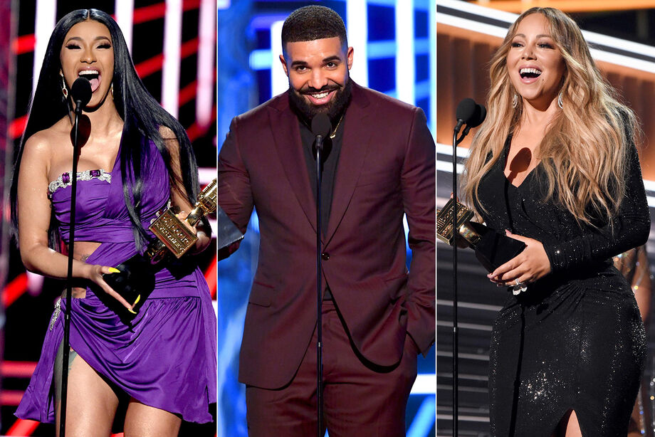A rapper Cardi B, o rapper Drake e a cantora premiada Mariah Carey