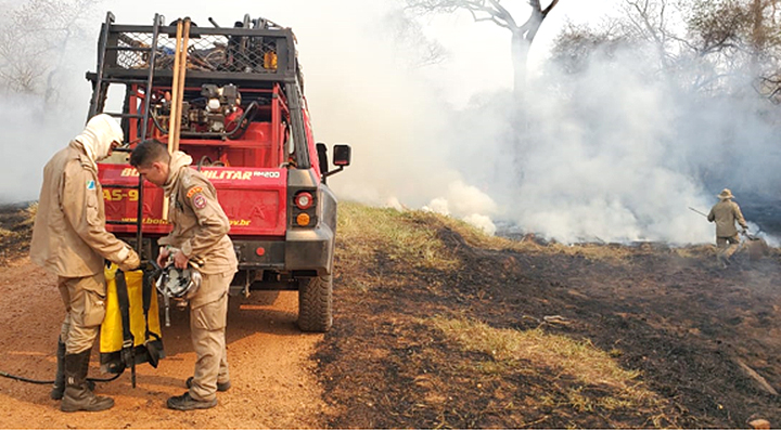 Brigadistas do Ibama e bombeiros combatem focos de calor na Fazenda Caiman, em Miranda