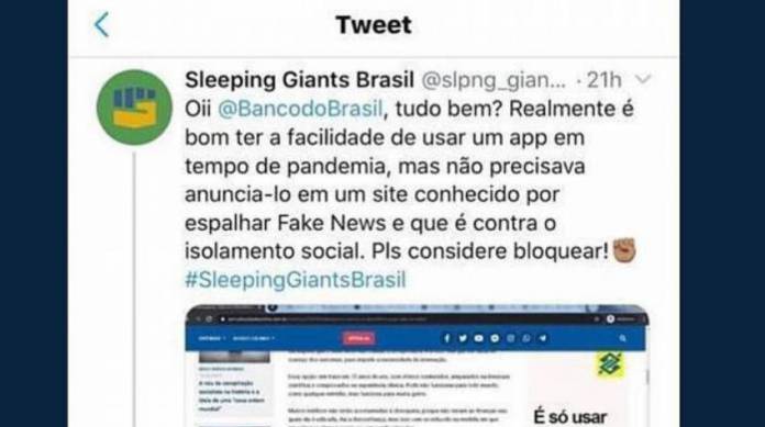 O perfil do Twitter Sleeping Giants Brasil, de ação anti-fake news, ganhou mais de 215 mil seguidores e obteve a cooperação de pelo menos 35 empresas de renome