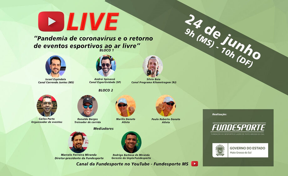 A Fundação de Desporto e Lazer de Mato Grosso do Sul (Fundesporte) realizará nesta quarta-feira (22.06), às 9 horas, a live “Pandemia de coronavírus e o retorno de eventos esportivos ao ar livre”, com transmissão ao vivo pela plataforma YouTube