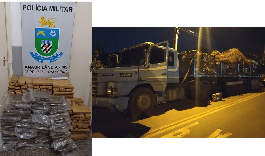 Maconha e skank apreendidos pela polícia em carreta abordada na MS-395.