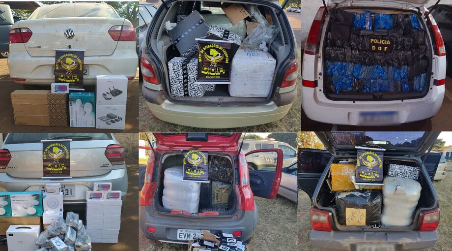 Fardos de contrabando encontrados em quinze veículos.