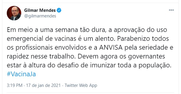 Declaração do Ministro do STF, Gilmar Mendes sobre a vacinação
