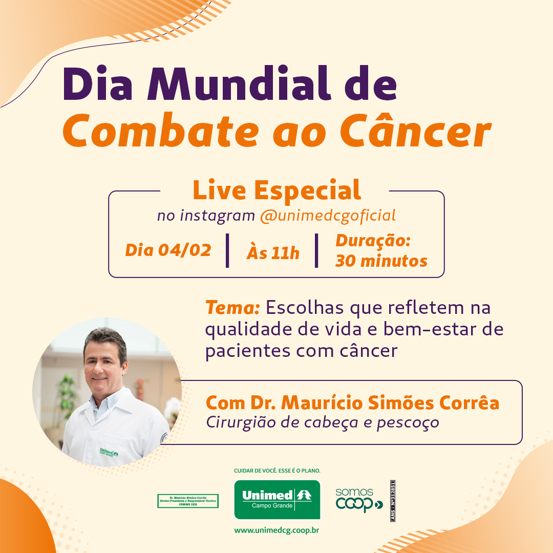 Durante a live o especialista falará sobre a data, hábitos que resultam em mais qualidade de vida a pacientes já diagnosticados com câncer, possíveis causas, entre outros assuntos relacionados, além de responder dúvidas dos seguidores. 
