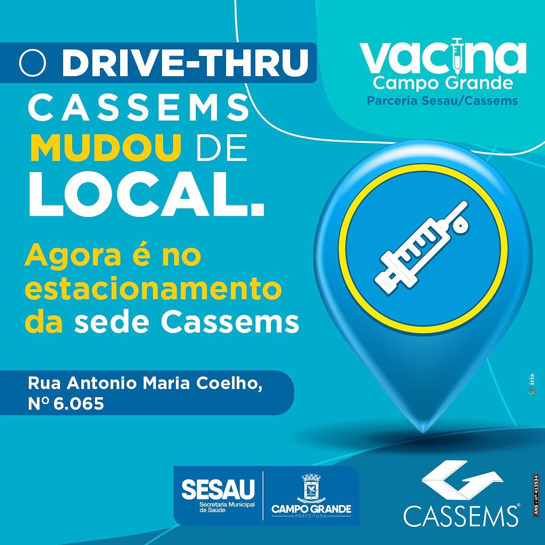  DRIVE-THRU mudou de local!! A imunização contra a Covid-19, agora, será realizada no estacionamento da nossa sede em Campo Grande. 