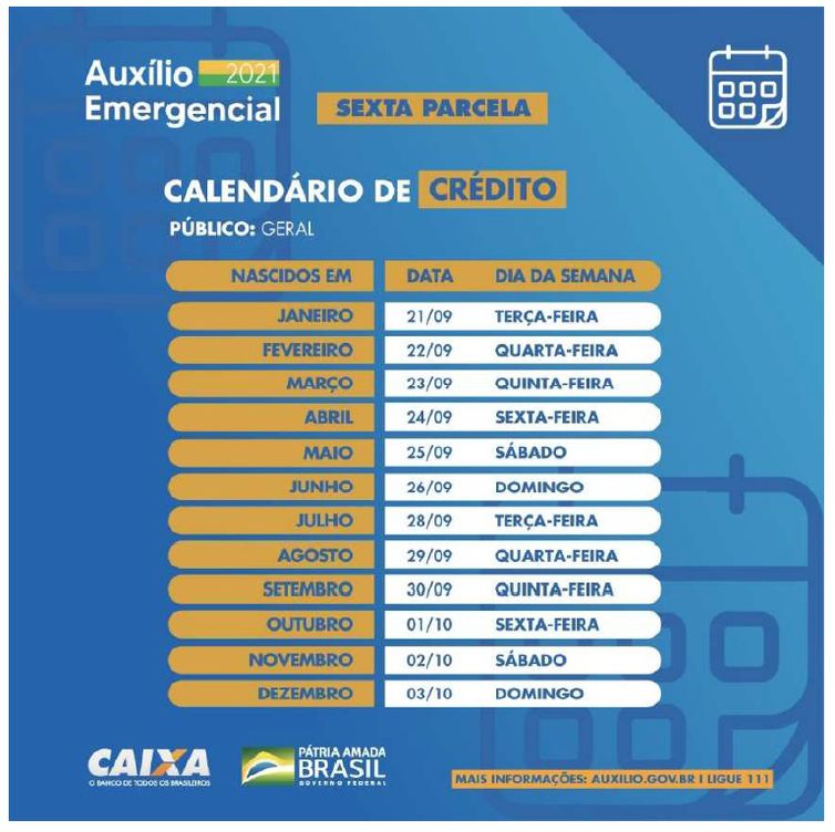 Calendário de pagamento da sexta parcela do auxílio emergencial -
