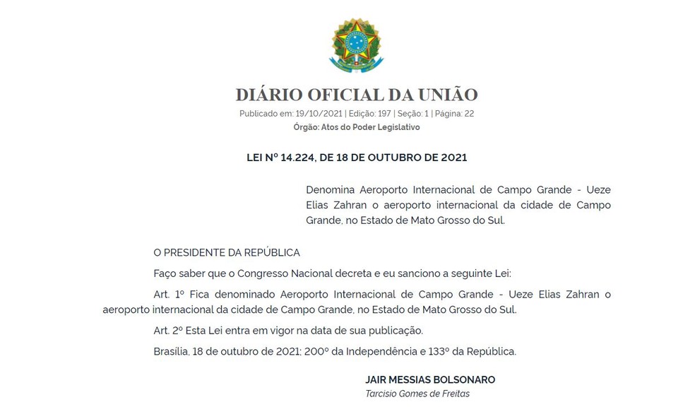 Lei que denomina de Ueze Elias Zahran o aeroporto internacional de Campo Grande