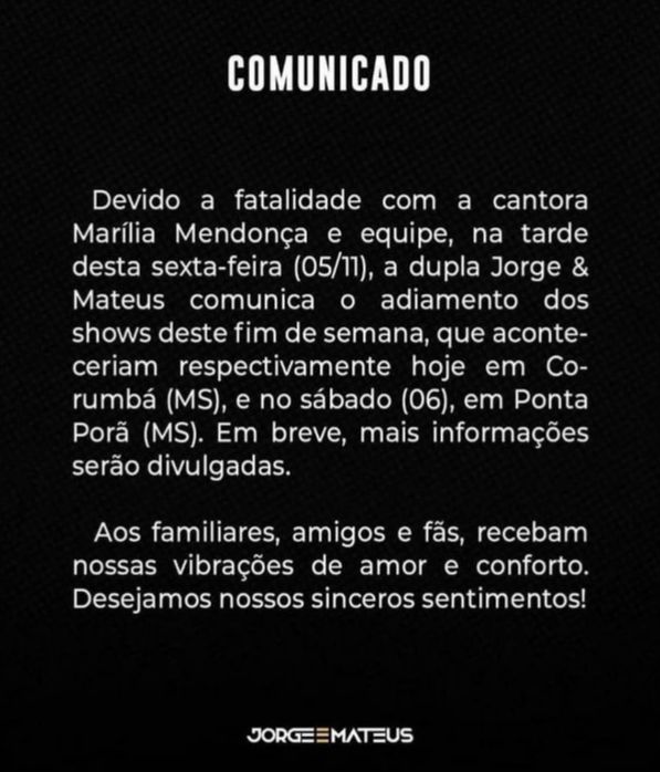 Artistas suspendem shows no Estado em respeito a morte da cantora Marília Mendonça