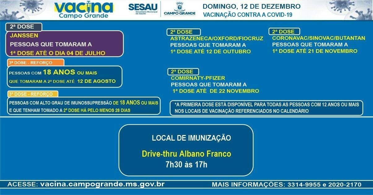 O atendimento será das 07h às 17h, para quem tomou a primeira dose da Janssen até o dia 4 de julho.