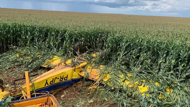Aeronave caiu virada para baixo em plantação de milho. (Foto: Divulgação/PCMS) 