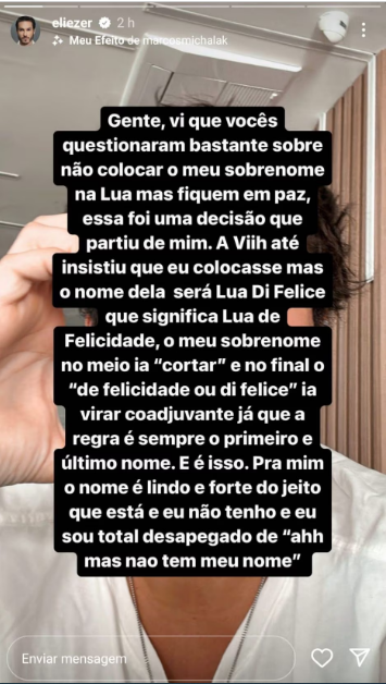 Eliezer fala sobre o nome de sua filha com Viih Tube.