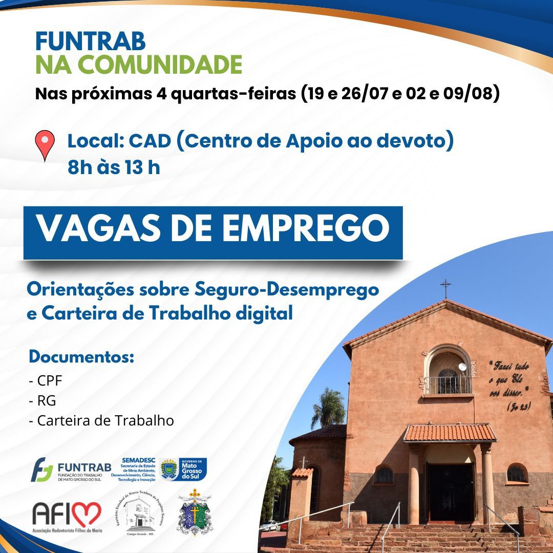 Campo Grande terá atendimento da Funtrab no Santuário Nossa Senhora do Perpétuo Socorro