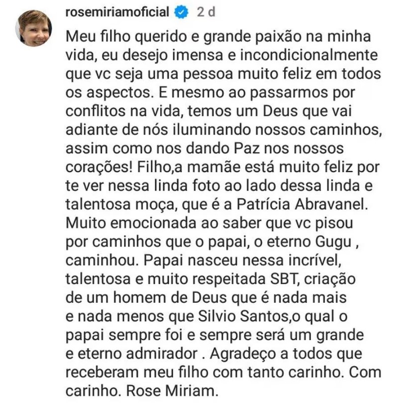 Rose Miriam de Matteo envia mensagem ao filho João Augusto Liberato.